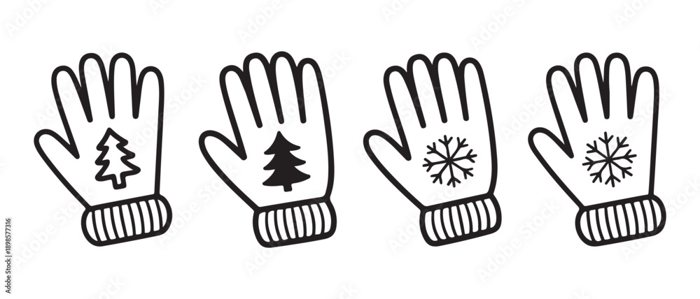 Obraz premium Winter Gloves with Christmas Tree and Snowflake Designs Vector Illustration isolated on White Background.