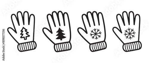 Winter Gloves with Christmas Tree and Snowflake Designs Vector Illustration isolated on White Background.