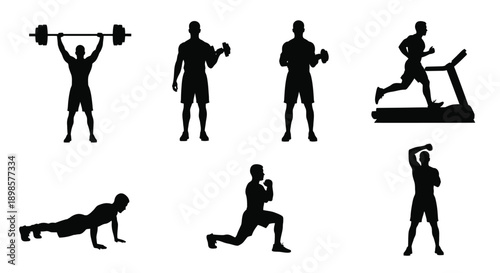 Silhouettes of people exercising with weights and running on treadmill fitness and workout routine