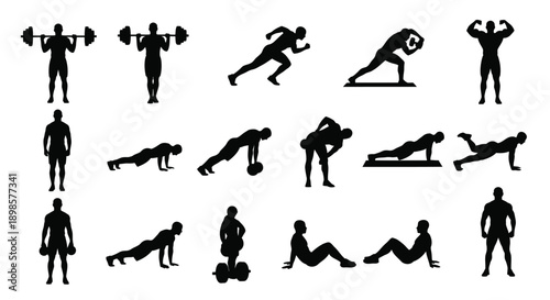 Black silhouettes of people exercising with dumbbells and bodyweight on white background various fitness poses and activities