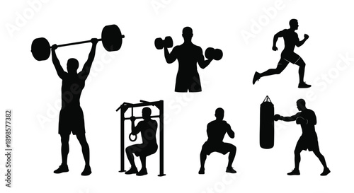 Silhouettes of people engaging in various fitness activities like running weightlifting and boxing on a white background