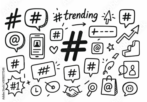 hand drawn doodle vector set of hashtags, mentions, and social media icons isolated on white background
