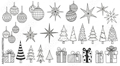 Christmas decorations and trees with gifts and ornaments