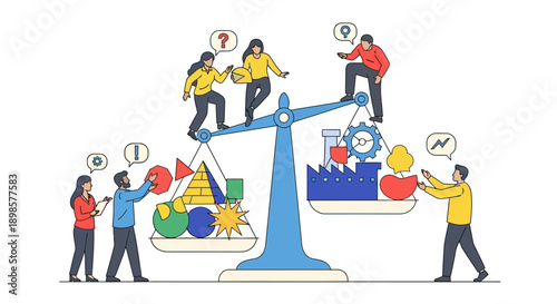 Business Balance and Strategy Concept. Team Weighing Resources, Ideas, and Industrial Assets on Scales. Prioritization and Resource Allocation Illustration.