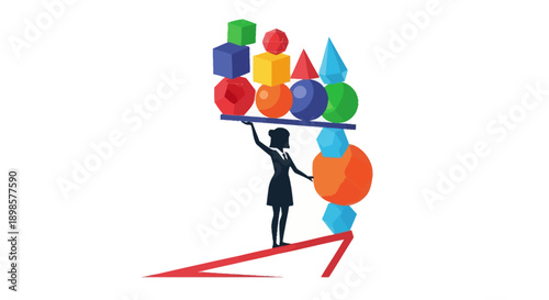 Businesswoman Balancing Complex Colorful Geometric Shapes on an Upward Arrow. Stability, workload, and professional challenge concept vector.