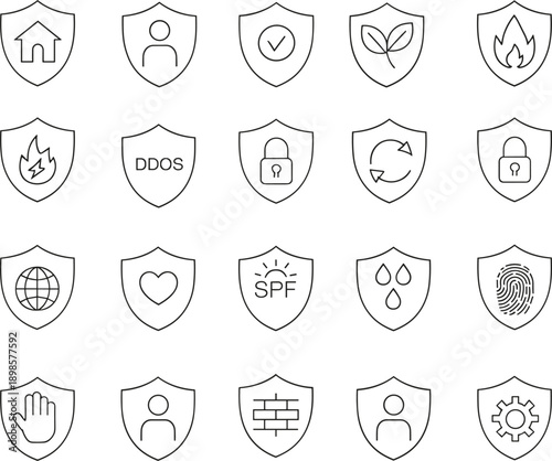 Comprehensive Collection of Security Shield Line Icons Featuring Cyber Protection Home Safety Data Privacy Firewall DDoS Defense Biometric Fingerprint Environmental Guard Personal Insurance Symbols