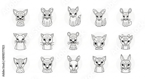 Set of adorable animal faces with big eyes and cute expressions