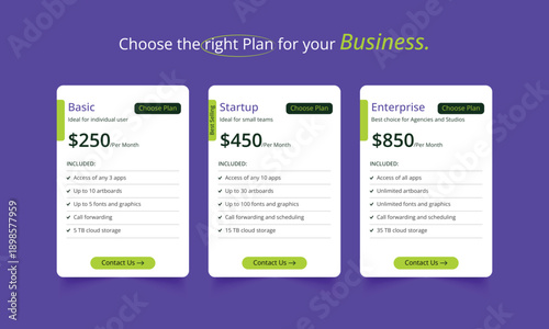 Subscription Price Plan UI Template. Subscription plan for online service, SaaS concept software Vector.Business subscription plan web ui element.