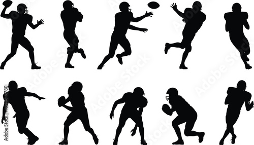American Football Player Silhouettes, Action Poses, Helmet Uniforms, Sports Vector, Athletic Movement, Dynamic Illustration, Team Game, Competitive Energy, Gridiron Style