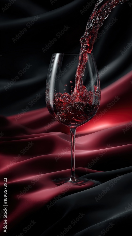 Fototapeta premium Elegant Red Wine Pouring into Glass on Luxurious Fabric Backdrop, Perfect for Celebration or Gourmet Concepts