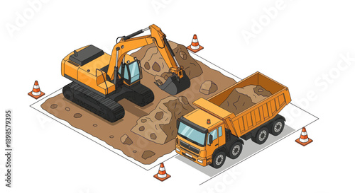 Construction site with excavator and dump truck working together.