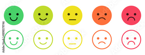 Colorful feedback emoji faces, emoticons ranging from happy to sad, for surveys, rating systems, user feedback, and UI elements as a rating scale or for collecting feedback on satisfaction and mood
