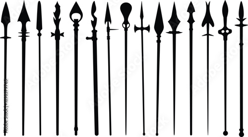 Ancient spears silhouettes, medieval weapons collection, vintage polearms icons, warrior spears illustration, historical combat tools, battle gear graphic set