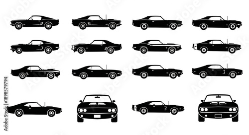 Collection of Black Silhouette Classic American Muscle Cars.