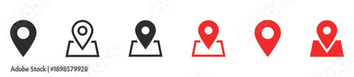 location icon, map pin icons in outline, black, and red styles. for maps, GPS, navigation apps, location markers, address indications, and geolocation interfaces
