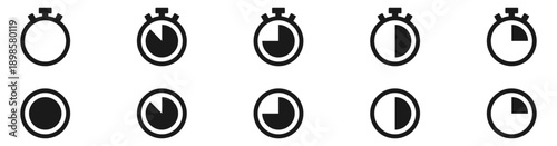 timer and stopwatch icon set showing countdown, progress states, and time tracking symbols for apps, dashboards, and interfaces