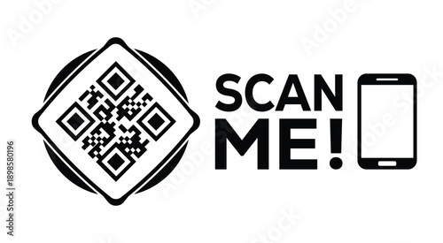 Black and white QR code with bold "SCAN ME!" text and smartphone icon, designed for modern marketing, digital access, and mobile interaction on a clean white background.