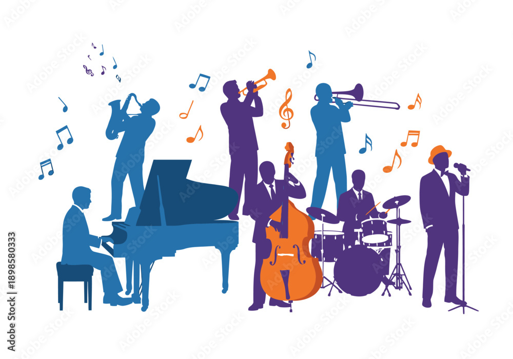Fototapeta premium Jazz Band Performing Live with Various Instruments and Silhouettes.