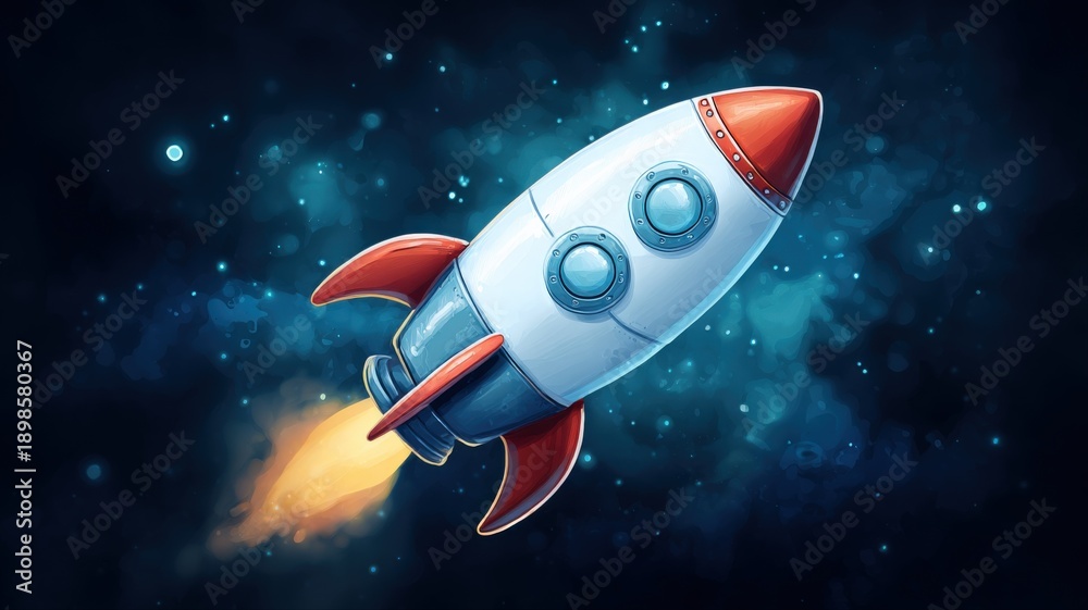 Fototapeta premium Cartoon Rocket Ship Launching into Space: A Colorful and Vibrant Illustration for Children