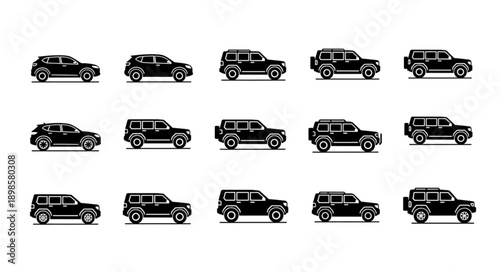 Collection of black pixel art SUVs and off road vehicles.