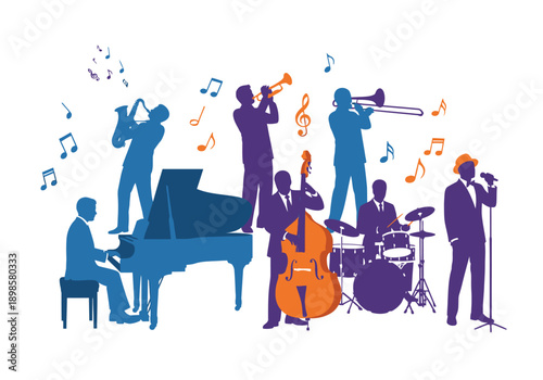 Jazz Band Performing Live with Various Instruments and Silhouettes.