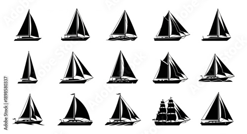 Collection of black sailboat silhouettes on a white background.
