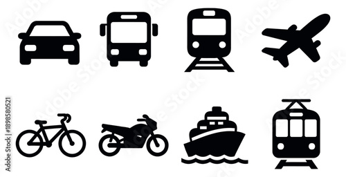Glyph transportation icon set featuring land, air, and sea vehicles for travel and navigation design