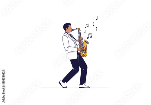 Man playing saxophone with musical notes floating around him.