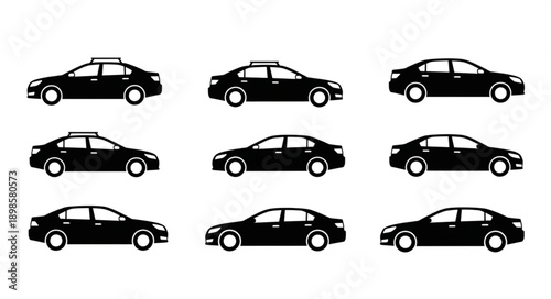 Collection of black sedan car silhouettes isolated on white background.