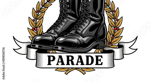 Black combat boots with laurel wreath and banner reading parade