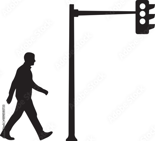 Pedestrian walking past traffic light signal post on transparent background vector silhouette