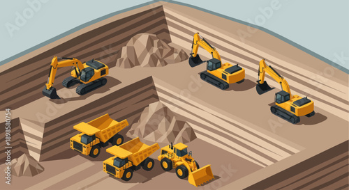 Heavy machinery working at a construction site, excavators and dump trucks in a quarry.