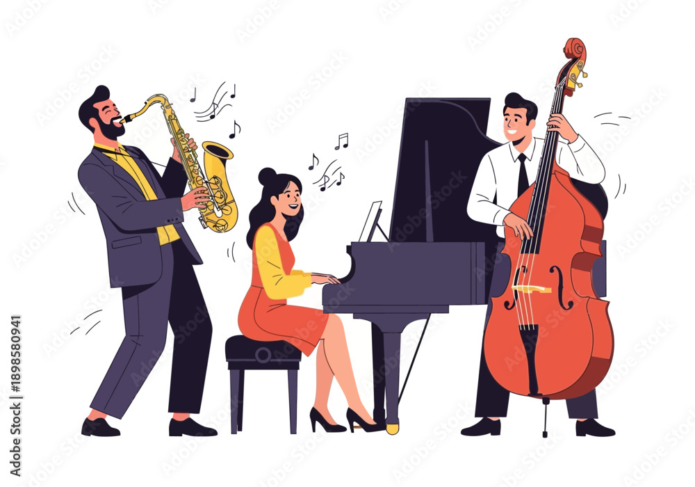 Fototapeta premium Jazz band performing with piano saxophone and double bass.