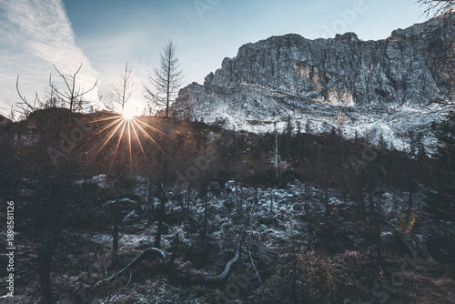 Fotografie early morning in triglav national park at sunrise with frozen forest