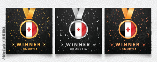 Celebrate victory with this Udmurtia winner set featuring gold, silver and bronze medals with the national flag design, set against a dark background with festive confetti and sparkles