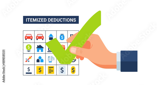 Itemized Deductions Checklist Approval. Tax preparation and financial savings concept. Hand marks successful calculation of deductible items on grid.