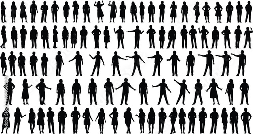 Large people silhouette collection featuring men and women in various standing and gesturing poses, human figure diversity set for presentations, infographics, and vector design