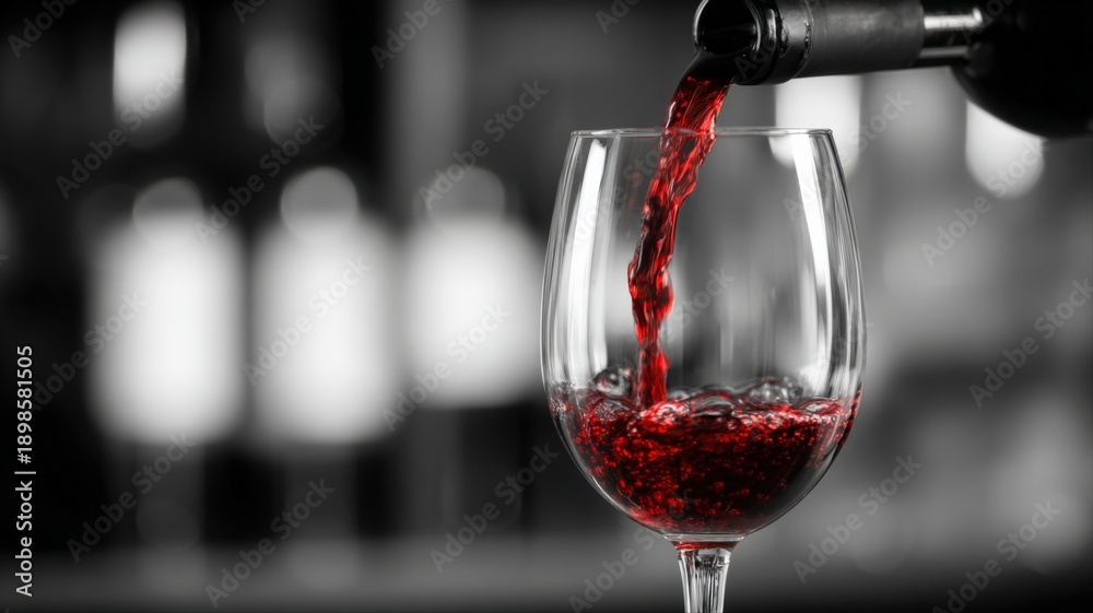 Fototapeta premium Pouring Red Wine into Glass: Sophisticated Still Life for Wine Industry, Alcohol Advertising