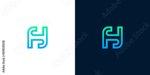 Modern abstract letter H logo design with gradient blue-green colors on white and dark backgrounds