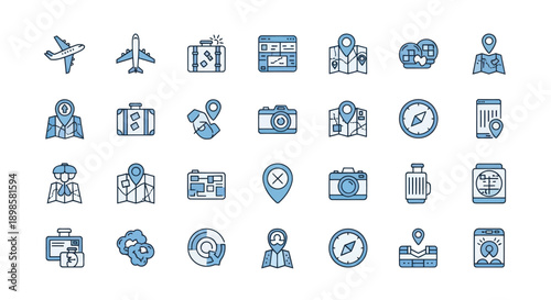 Travel icons airplane map camera compass