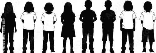 Children silhouette lineup showing boys and girls standing together, different ages and heights, childhood diversity concept, back view figures, black and white vector illustration