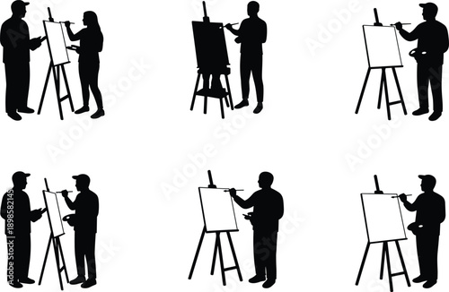Artist silhouette vector set, canvas easel painting poses, black illustration, creative activity icons, brush and tool interaction scenes