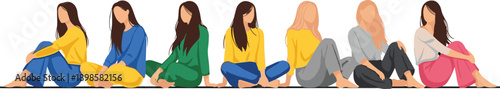 Modern illustration of diverse women sitting casually in colorful outfits, minimalist female characters lineup showing relaxed poses, lifestyle fashion concept, flat vector design