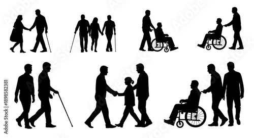 Silhouettes of people assisting others including those with disabilities and the elderly
