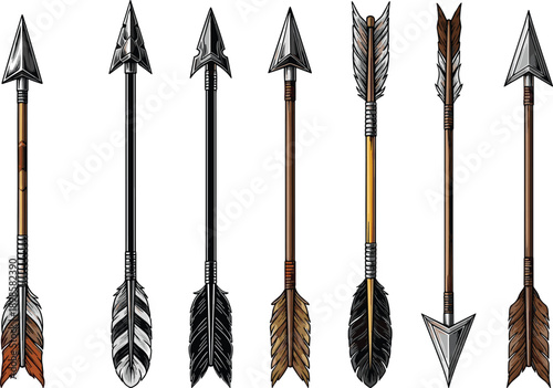 Decorative arrow set illustration featuring tribal and medieval arrowheads with feathers, isolated weapon collection for hunting, archery, warrior themes, and fantasy vector design