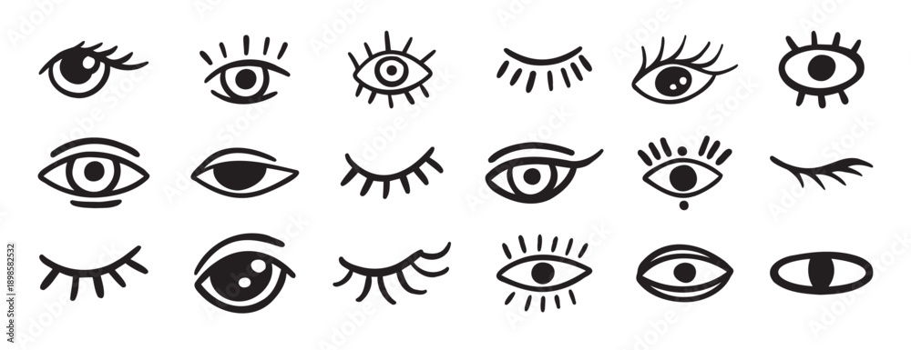 Fototapeta premium eyes and lashes doodle hand drawn icon set. Outline drawing line clipart symbol collection