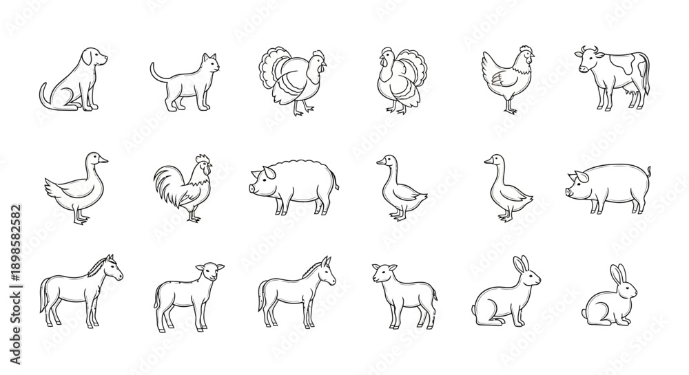 Obraz premium Collection of hand drawn farm animal illustrations in a sketchy style