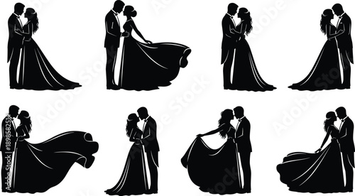 Elegant wedding couple silhouettes showing romantic bride and groom poses, flowing dress movements, love and marriage concept, black and white vector illustration