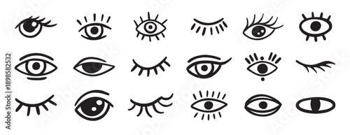 eyes and lashes doodle hand drawn icon set. Outline drawing line clipart symbol collection