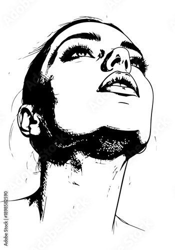 Striking graphic drawing of a woman's face, rendered in dramatic black and white with strong lines and an upward, thoughtful gaze
